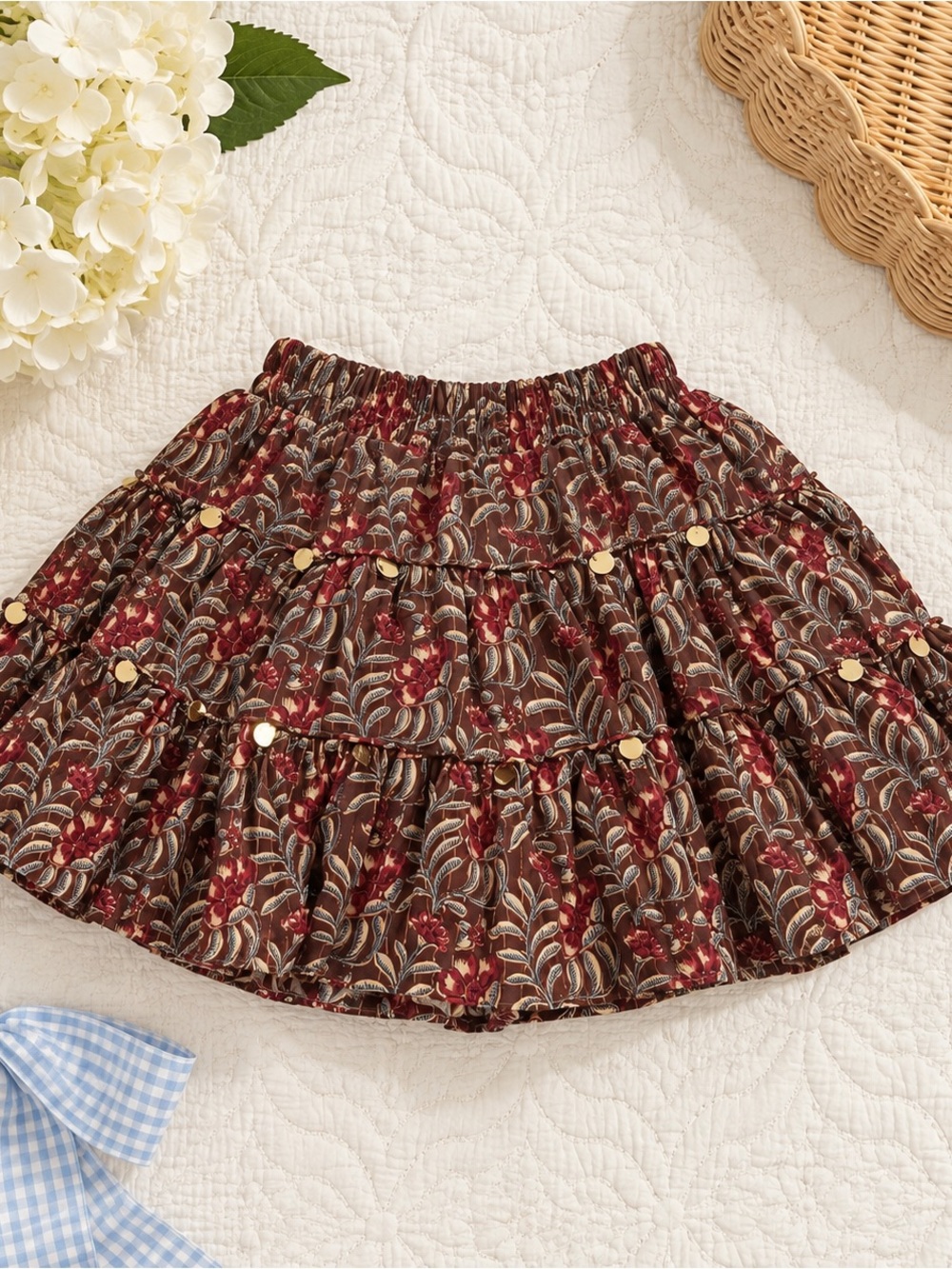 Pink Chicken Burgundy Floral Tiered Skirt with Gold Sequin Accents